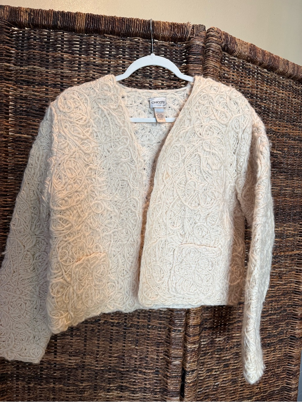 Chico's Cream Textured Open-Front Sweater Jacket Chicos 2 (size L)